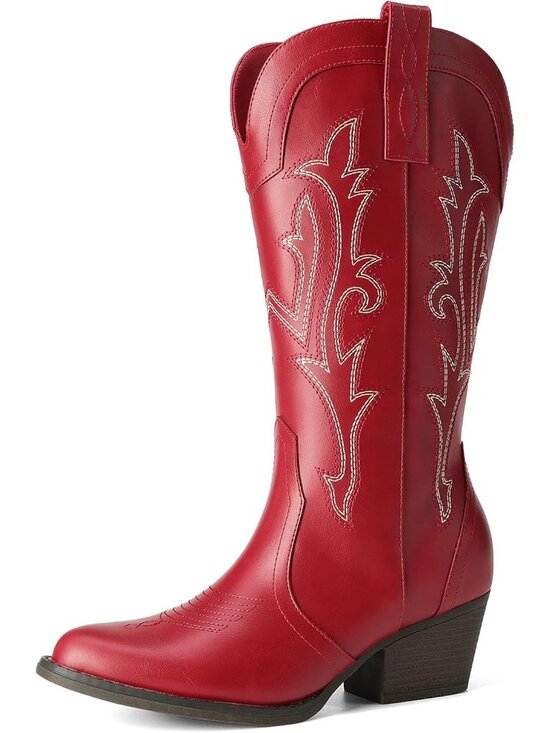 Shoes - Women's Red Faux Leather Embroidered Pointed Toe Low Heel Western Cowgirl Boots